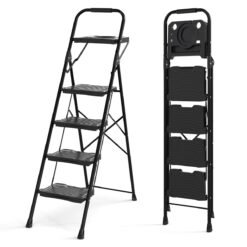 Heavy-Duty Metal 4 Step Ladder with Anti-Slip Wide Pedals-Black