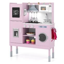 Wooden Kitchen Toy Set with 16 Pieces Accessories and Real Sounds-Pink