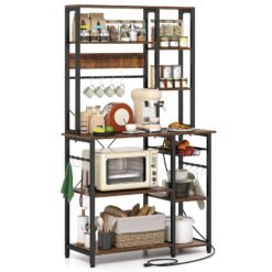Bakers Rack with Power Outlet 9-Tier Microwave Stand with Wooden Open Shelves-Rustic Brown