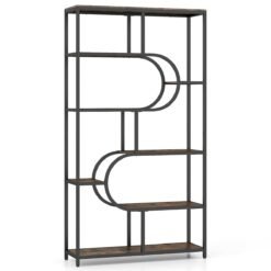 Industrial Etagere Bookcase with Open Storage Shelves and Metal Frame-Rustic Brown
