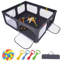 Indoor Safety Play Fence Infant Activity Center with 50 Ocean Balls-Dark Grey