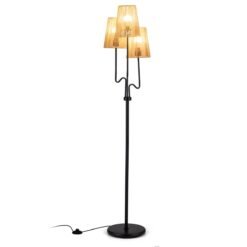 Farmhouse Standing Tree Lamp with 3 Boho Paper Woven Lampshades-Black