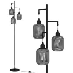 3-Light Floor Lamp with 3 Boho Paper Woven Lampshades and Weighted Base-Black