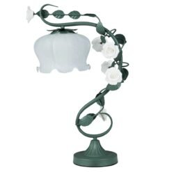 Vintage Nightstand Lamp with 6 Ceramic Roses and Metal Leaves-Green