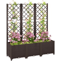 Outsunny Raised Garden Bed with Trellis, Plastic Planter Box with Drainage Holes, Drain Plugs and Water Reservoirs for Climbing Plants, Vegetables, Flowers, Brown