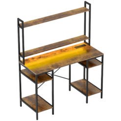 HOMCOM Computer Desk with Power Outlets and LED Lights, Home Office Desk with Monitor Stand, 2 CPU Stands and Storage Shelves, Study Table Gaming Desk with Hutch, Rustic Brown