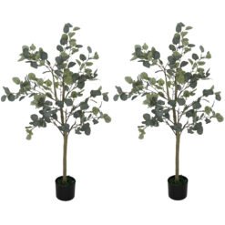 HOMCOM Set of 2 Decorative Artificial Tree, 4ft/ 120cm Silk Eucalyptus Trees with 230 Silver Dollar Leaves in Pot, Fake Plants for Home, Office, Living Room, Indoor Decor