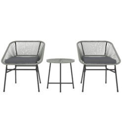 Outsunny 3 Pieces Rattan Bistro Set, Wicker Small Garden Table and Chairs Set with Cushions and Glass Top Coffee Table, Bistro Garden Furniture Set for Outdoor, Patio, Balcony, Light Grey