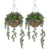 HOMCOM Set of 2 Decorative Artificial Plants, Faux Silk Lavender Flowers in Hanging Baskets, Fake Plants for Home Indoor Outdoor Decor, Purple