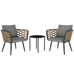 Outsunny 3 Pieces Rattan Bistro Set with Washable Seat and Back Cushions, Glass Top Coffee Table, for Outdoor, Patio, Black