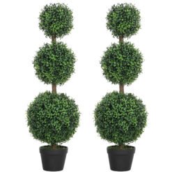 HOMCOM Set of 2 Decorative Artificial Trees, Topiary Ball-shaped Boxwood Trees in Pot, Fake Plants for Home Indoor outdoor Decor, 100cm, 3 Tree Balls
