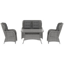 Outsunny Garden PE Rattan Dining Sofa Set, Outdoor 4 Seater Wicker Furniture, High Back Chairs with Cushions, Tempered Glass Coffee Table for Patio, Light Grey