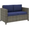 Outsunny Rattan Sofa, 2 Seater Garden Furniture with Soft Padded Cushion and Armrests, Wicker Garden Loveseat for Patio, Navy Blue