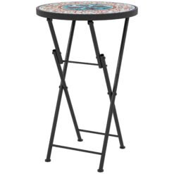 Outsunny Mosaic Outdoor Garden Table, 35.5cm Round Folding Coffee Table with Metal Frame for Balcony Terrace, Multicolour