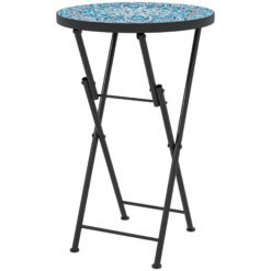 Outsunny Mosaic Outdoor Garden Table, 35.5cm Round Folding Coffee Table with Metal Frame for Balcony Terrace, Blue