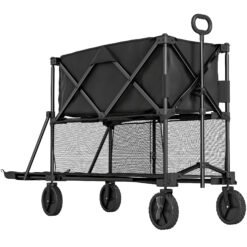 Outsunny Double Decker Folding Festival Trolley on Wheels, 200KG & 350L Capacity Collapsible Wagon Festival Trolley Cart with 134cm Extended for Camping Sports Shopping Garden and Beach, Black