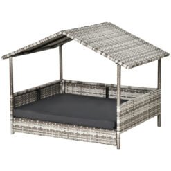 PawHut Wicker Dog House, Rattan Pet Bed, with Removable Cushion, Canopy, for Small and Medium Dogs - Dark Grey