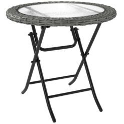 Outsunny Folding Rattan Garden Dining Table, 68 cm Round Rattan Garden Table with Water Ripple Tempered Glass Top, Wicker Edging and Steel Frame for Outdoor, Patio, Grey