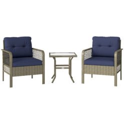 Outsunny 3 Pieces Rattan Bistro Set with Glass Top Coffee Table, Chairs and Cushions for Outdoor, Patio, Balcony, Charcoal Grey