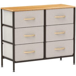 HOMCOM Fabric Chest of Drawers, Industrial Bedroom Dresser with 6 Fabric Drawers, Steel Frame and Wooden Top for Nursery, Living Room, Hallway, Cream White