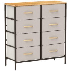 HOMCOM Fabric Chest of Drawers, Industrial Bedroom Dresser with 8 Fabric Drawers, Steel Frame and Wooden Top for Nursery, Living Room, Hallway, Cream White
