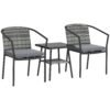 Outsunny 3 Pieces Rattan Bistro Set with Cushions, Wicker Garden Furniture Set, Glass Top Coffee Table and Chairs for Outdoor Patio, Balcony, Terrace and Conservatory, Grey