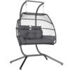 Outsunny Rattan Double Hanging Egg Chair with Stand, Foldable Wicker Swing Egg Chair with Cushion, Head Pillows, Steel Frame, Hammock Chair for Indoor Outdoor, Capacity 260 kg, Dark Grey