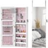 HOMCOM 108 x 37cm Lockable Jewellery Cabinet, with LED Lights - White Surface and Pink Lining
