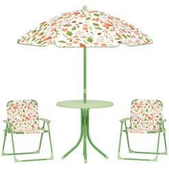 AIYAPLAY 4-Piece Kids Garden Table and Chair Set with Adjustable Parasol, Folding Chairs, Table, Nature Pattern, Green