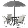 Outsunny 4 Seater Garden Furniture Set, 6 Pieces Garden Table and Chairs with Parasol, Outdoor Garden Dining Set with Folding Chairs and Round Glass Top Table for Patio, Cream White