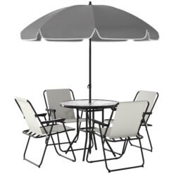 Outsunny 4 Seater Garden Furniture Set, 6 Pieces Garden Table and Chairs with Parasol, Outdoor Garden Dining Set with Folding Chairs and Round Glass Top Table for Patio, Cream White