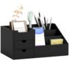 HOMCOM Desk Organiser Holder, Bamboo Multi-Function Storage Caddy with 7 Storage Compartments and 2 Drawers for Home Office Stationary Supplies, Black