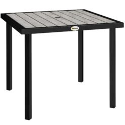 Outsunny Square Garden Dining Table with 5.4cm Parasol Hole, Slatted Top, Metal Frame, 86 x 86 x 71 cm, Light Grey