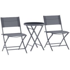 Outsunny 3 Pieces Outdoor Bistro Set, Glass Top Outdoor Table and 2 Folding Chairs with Protecting Feet, Grey