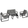 Outsunny Garden Furniture Set, 4 Piece Indoor Outdoor Conservatory with Loveseat Sofa, Armchairs, Glass Top Coffee Table, Cushions for Balcony, Poolside, Patio, Dark Grey