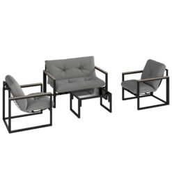 Outsunny Garden Furniture Set, 4 Piece Indoor Outdoor Conservatory with Loveseat Sofa, Armchairs, Glass Top Coffee Table, Cushions for Balcony, Poolside, Patio, Dark Grey