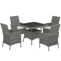 Outsunny Rattan Garden Furniture Set, Outdoor Dining Table and Chairs 4 Seater with Cushions, Square Tempered Glass Top, 4 Armchairs, for Balcony, Terrace, Conservatory, Grey