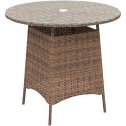Outsunny Wicker Garden Rattan Table, Patio Furniture Outdoor Coffee Table with Umbrella Hole and Tempered Glass Top, Brown
