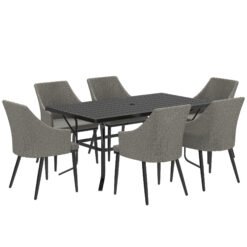 Outsunny 6 Seater Rattan Dining Set with Cushions, Garden Furniture Set with Armchairs, Rectangle Slatted Table Top, Steel Frame, Parasol Hole, Wicker Outdoor Furniture for Patio, Balcony, Grey
