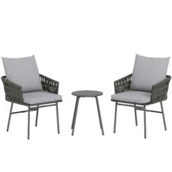 Outsunny 3-Piece Rattan Bistro Set, Garden Table and Chairs with 4 Cushions, Patio Rattan Conversation Furniture Set for Balcony, Porch, Terrace, Grey