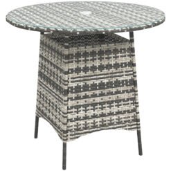 Outsunny Wicker Garden Rattan Table, Patio Furniture Outdoor Coffee Table with Umbrella Hole and Tempered Glass Top, Grey