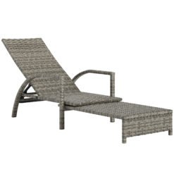 Outsunny Reclining Rattan Lounger, with Extending Footrest - Grey