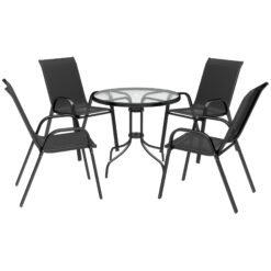 Outsunny Five-Piece Steel Patio Set, with Glass-Top Table - Black