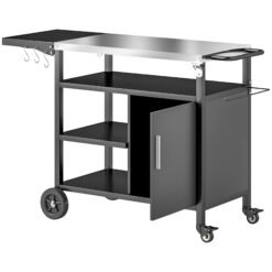 Outsunny Outdoor BBQ Trolley with Foldable Side Table, Stainless Steel Top, Outdoor Kitchen with Wheels Hooks Shelves Cabinet, Pizza Oven Table Movable Barbecue Grill Dining Cart with Cover, Black
