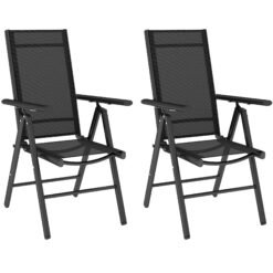 Outsunny Set of 2 Folding Garden Chairs, Aluminium Frame Outdoor Dining Chairs with Breathable Mesh Back and Seat, Garden Folding Chair Set with Armrests for Balcony, Black
