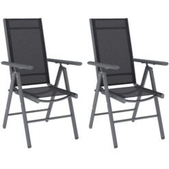 Outsunny Set of 2 Folding Garden Chairs, Aluminium Frame Outdoor Dining Chairs with Breathable Mesh Back and Seat, Garden Folding Chair Set with Armrests for Balcony, Dark Grey