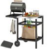 Outsunny BBQ Trolley with Stainless Steel Top and Foldable Side Table, Outdoor Kitchen Barbecue Station with Hooks and Shelf, Pizza Oven Table Movable Outdoor Grill Dining Cart with Cover, Black