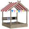 Outsunny House-Designed Wooden Sandbox, Outdoor Sandpit, with Blackboard, Toys, Sink, Seats, Flags, for Ages 3-7 Years - Grey