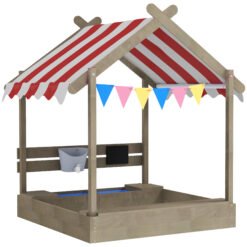 Outsunny House-Designed Wooden Sandbox, Outdoor Sandpit, with Blackboard, Toys, Sink, Seats, Flags, for Ages 3-7 Years - Grey