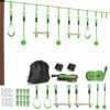 AIYAPLAY 7-Piece Kids Zip Line Kit for Garden, 10m Kids Slackline Kit with Wooden Monkey Bars, Metal Rings, Gripping Balls, Green
